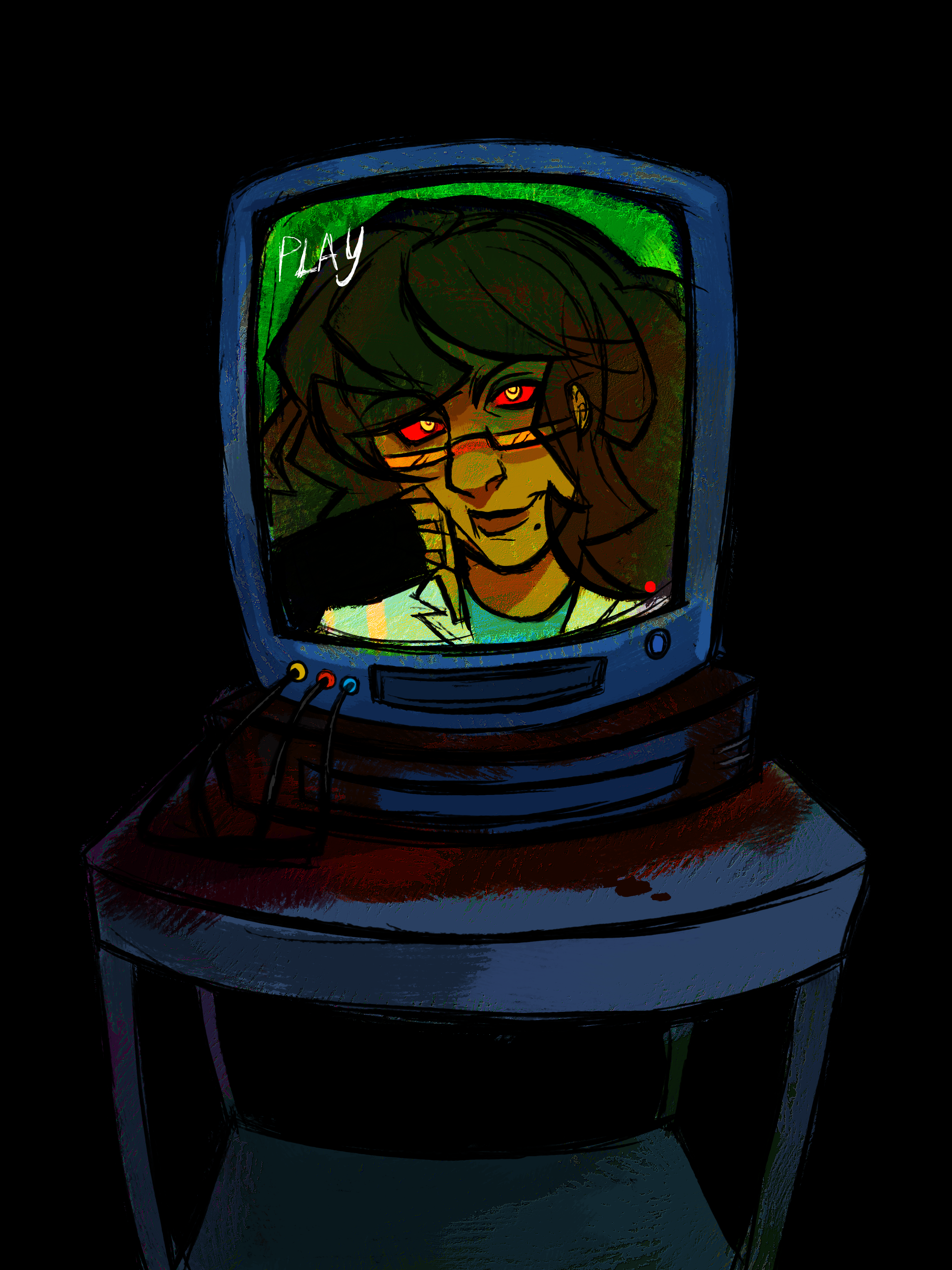 A person smiling from the inside of a television screen with blood