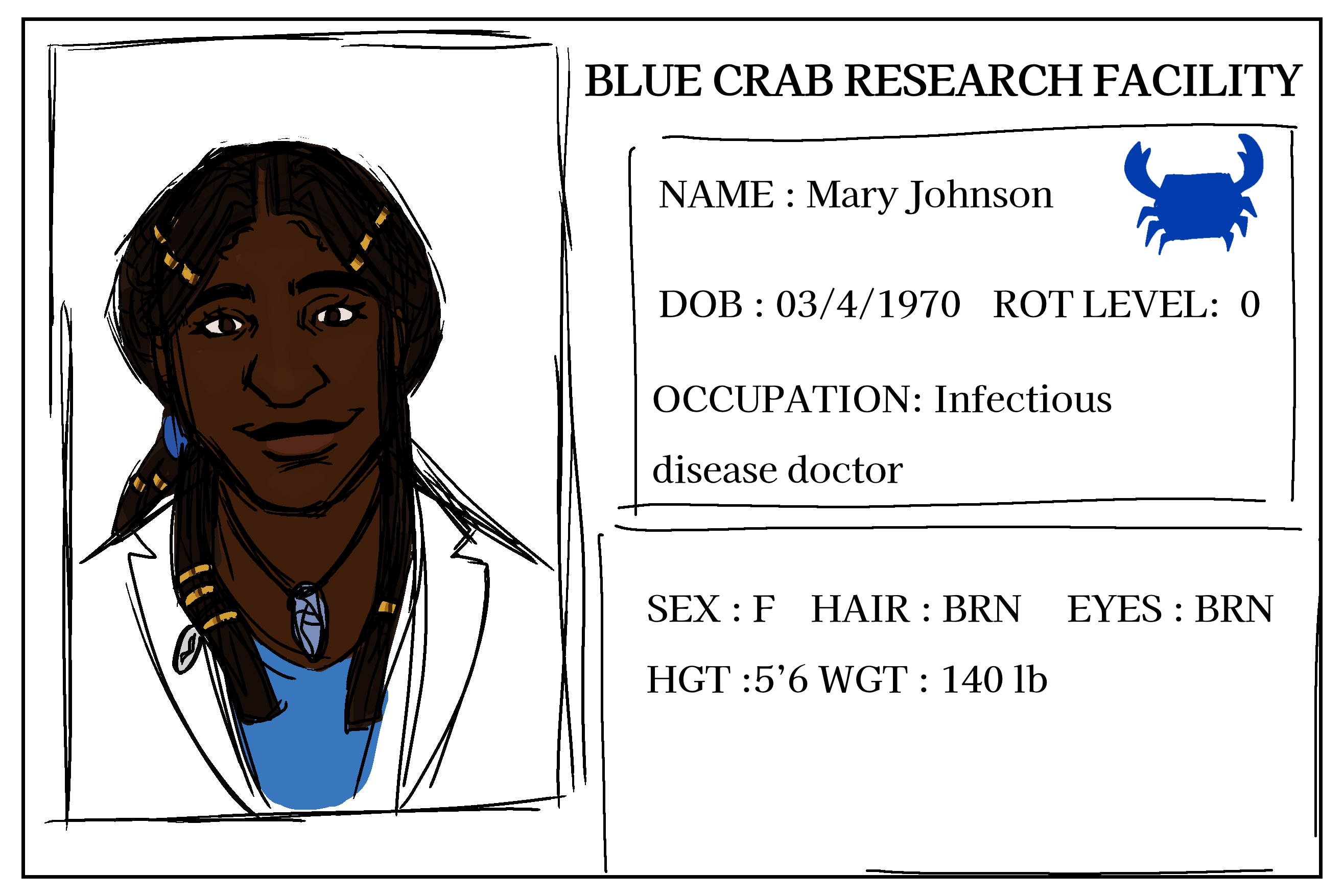 An Identification card of a woman working at Blue Crab Research Facility