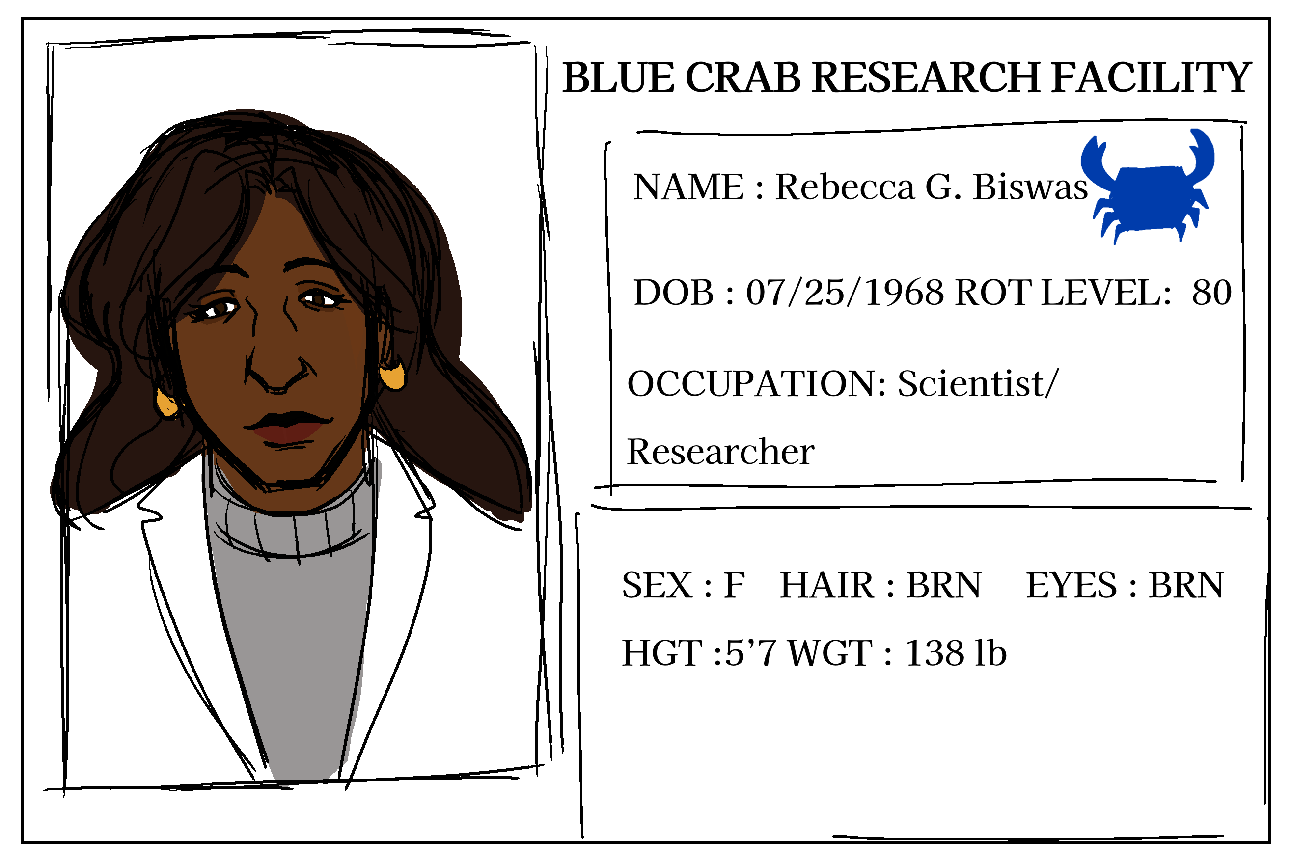 An Identification card of a woman working at Blue Crab Research Facility